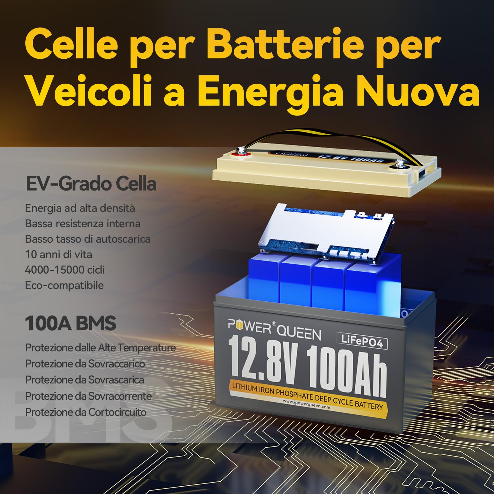Power Queen LiFePO4 batteria al litio da 100Ah 12V per Camper | 100A BMS, 4000+ cicli, IP65, 1280 Wh, per Campeggio, Trolling Motor, Off-grid, Solare