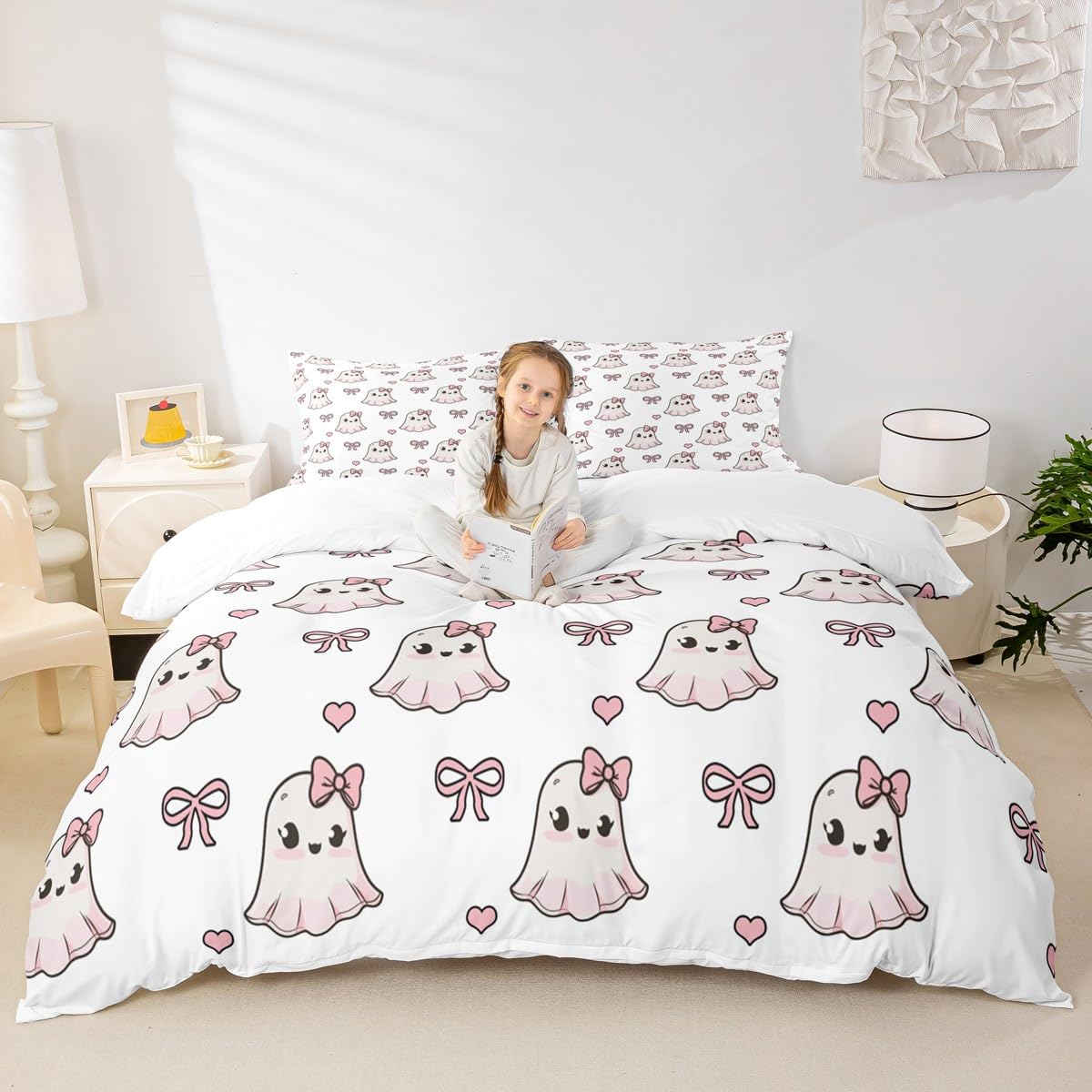 Housse de couette fantômes rose pour cocooning et nuits douces en chambre d'enfant