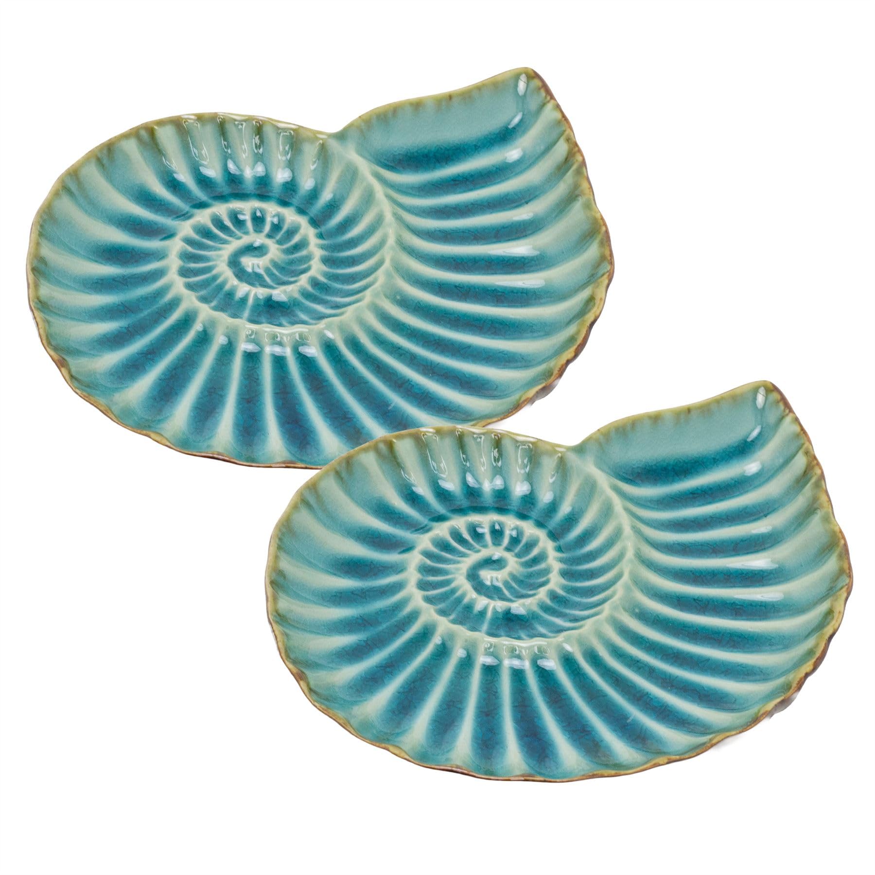Carousel Home Set of 2 Ceramic Ammonite Trinket Dishes, 14cm Blue Teal Ombre Glaze Nautical Jewellery Trays, Coastal Decorative Plates
