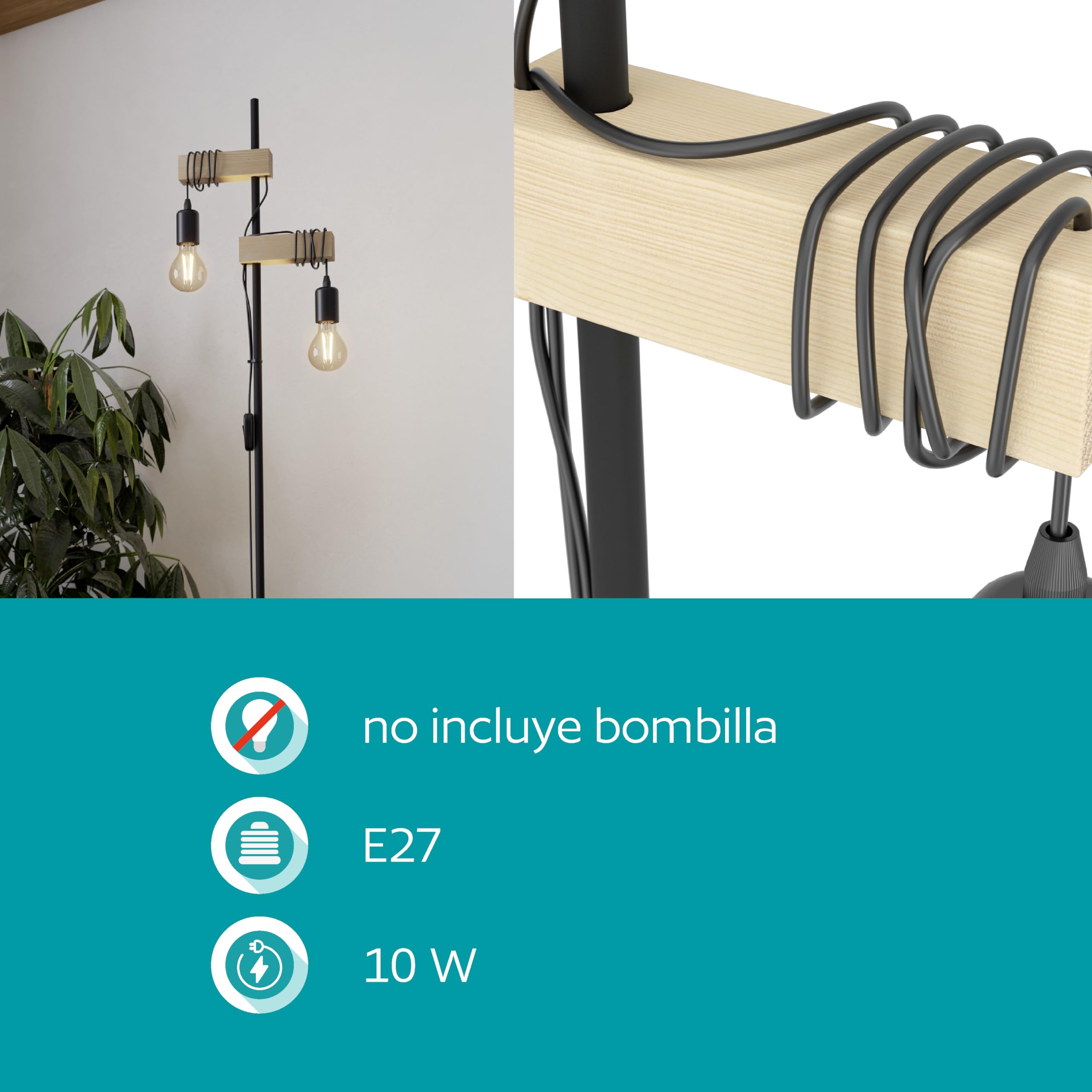 EGLO Lámpara de pie Townshend, lámpara de pie Vintage con 2 Bombillas | de estilo industrial, acero y madera, negro, marrón, casquillo E27, incl interruptor, certificado FSC