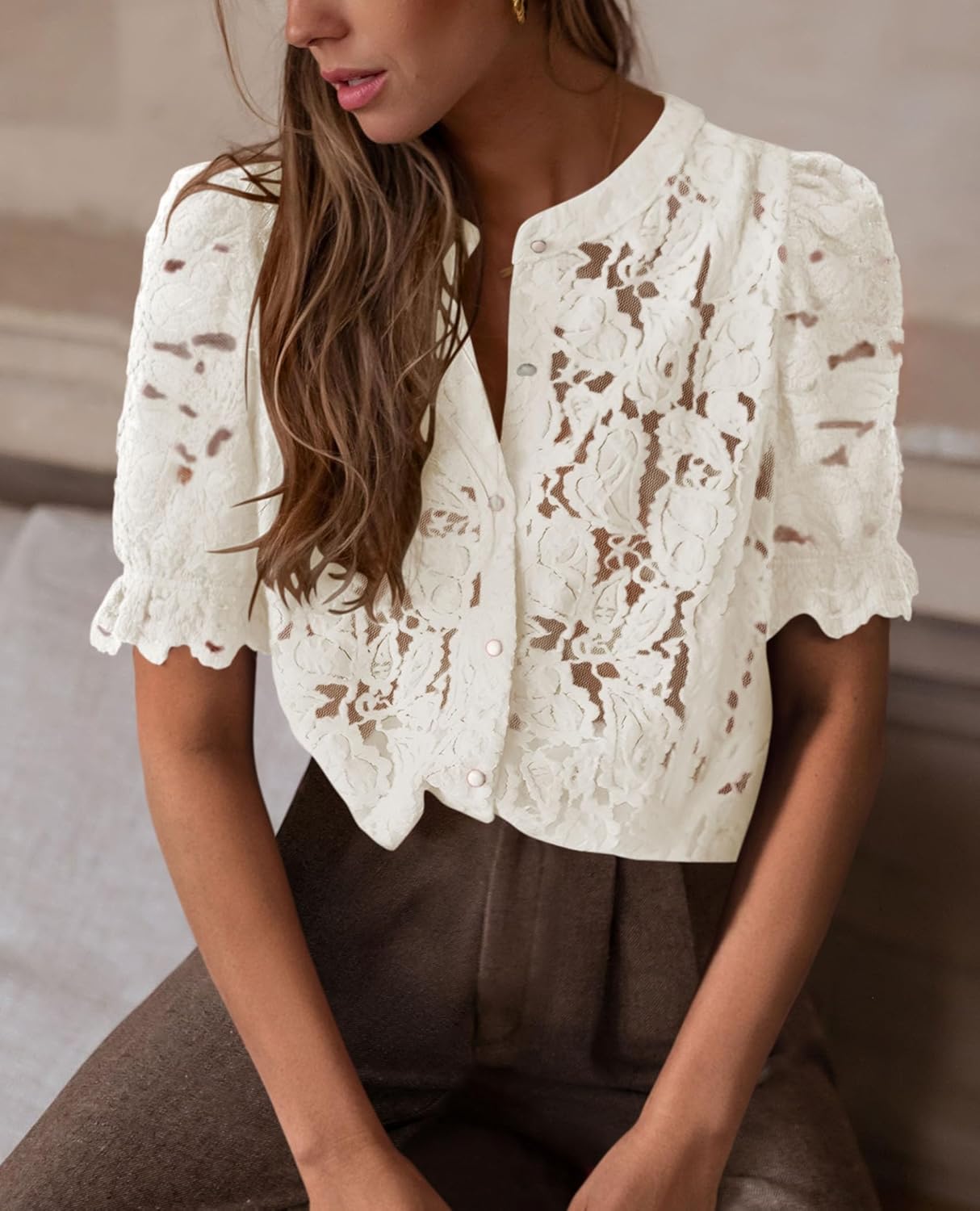 PRETTYGARDEN Womens 2026 Spring Lace Tops Short Puff Sleeve Casual Dressy Blouses Eyelet Crew Neck Button Down Shirts - Image 4