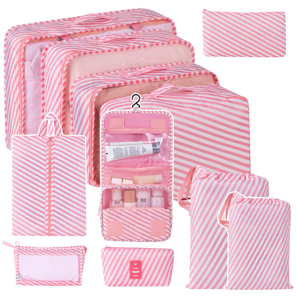 MosaiRudo Cubi da imballaggio per valigia, 8 pezzi, organizer da viaggio, sacchetti leggeri per imballaggio, organizer per vestiti, scarpe, cosmetici, articoli da toeletta (11, strisce rosa)
