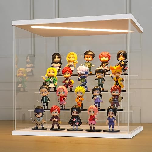 LANSCOERY Vitrina de acrílico transparente con luz, soporte de 4 niveles con base blanca, escaparate de protección a prueba de polvo para figuras