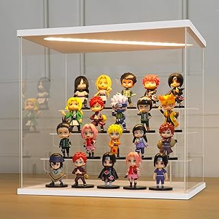 LANSCOERY Clear Acrylic Display Case with Light for Collectibles, 4 Tier White Base Assemble Box Countertop Cube Organizer Dustproof Showcase for Action Figures Toys (11.8x8.9x11inch; 30x22.5x28cm)