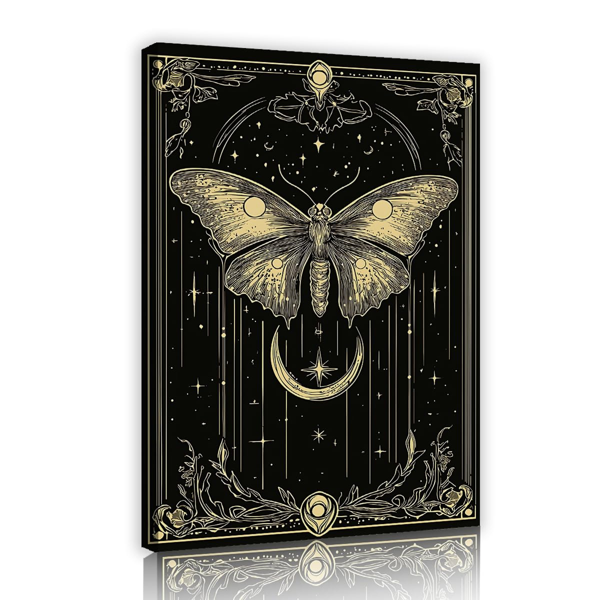 Via Vela Fbh12 Gothic Celestial Canvas Wall Art Gold Moth Crescent Moon Painting Mystical Star Pattern Picture Line Sketch Style Poster For Bedroom Office Study Lounge Decor 70X110cm