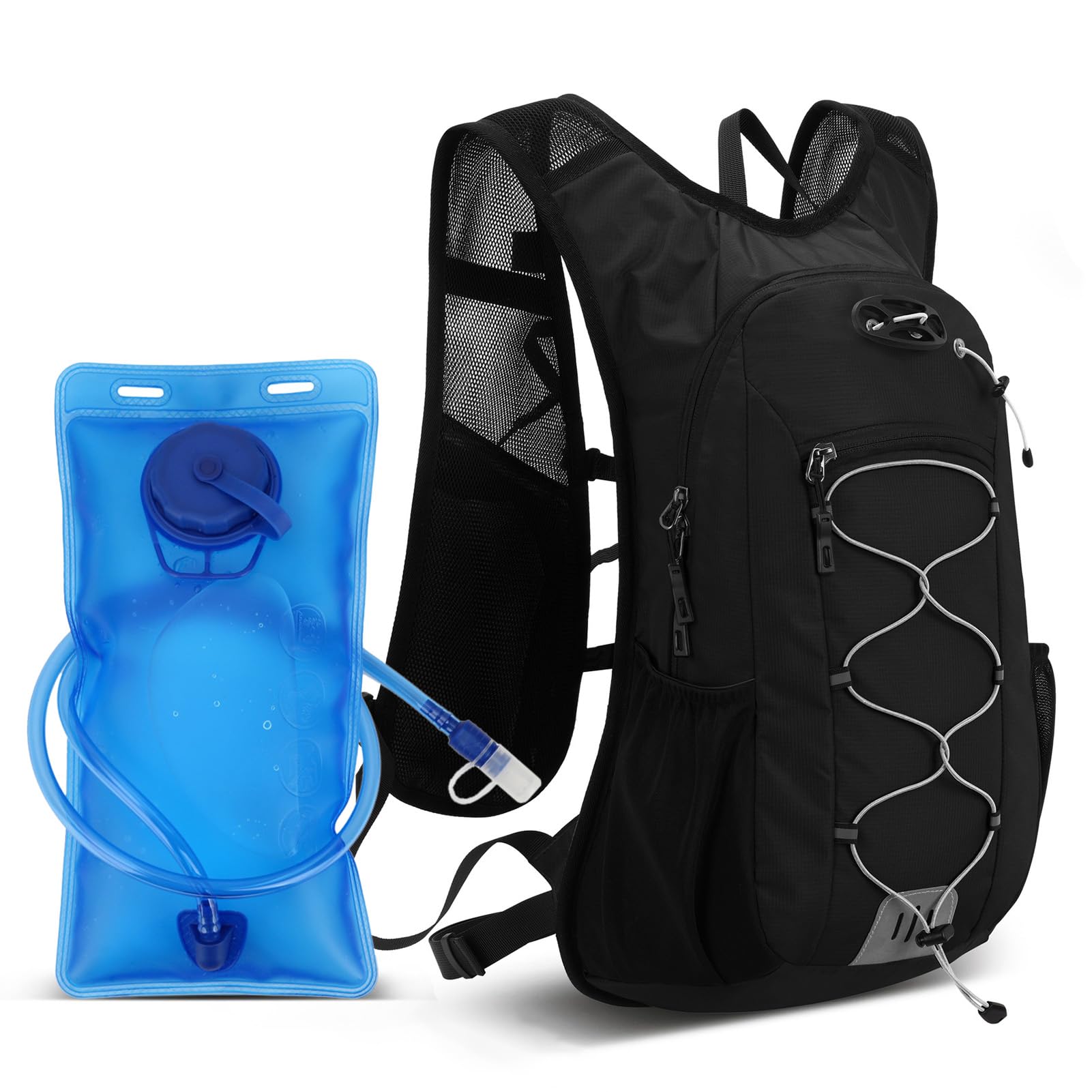 Aomiun Lightweight Hydration Backpack with 2L Water Bladder Bag and Helmet Hanging Feature for Cycling Hiking for Men Women (Black with Water Bag)