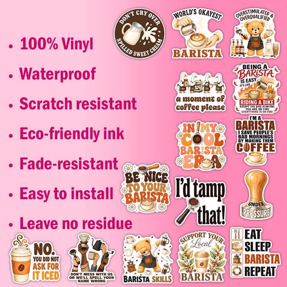 (15Pcs-3in) Barista Sticker Pack, Coffee Shop Owner Beverage Coffee Station Sticker, Drinks Espresso Barista Gift, Decoration for Laptop Tablet Bar Countertop Water Bottle Helmet Vehicles image 3