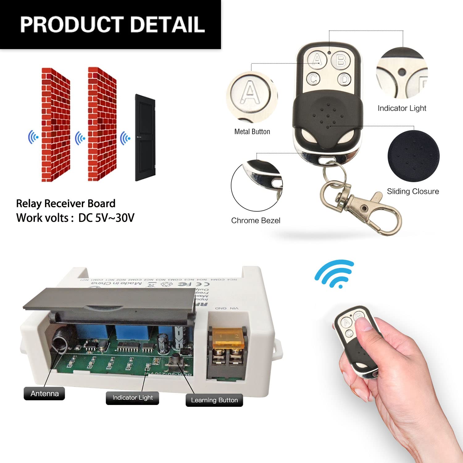 DieseRC 4 Channels Wireless Relay Remote Control Switch 433Mhz RF DC 5V 12V 24V 30V 10A Relay Receiver with 2 Transmitters Keyfob, Big Terminal Easy Wiring