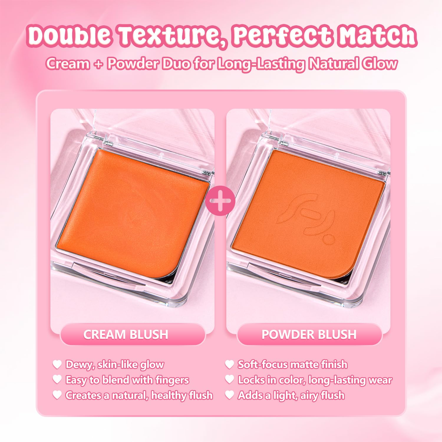 Lot de 2 blush crème en poudre Duo – Orange pour des tons de peau clairs à moyens, même teinte ensoleillée, durable, à construire, couleur naturelle éclatante pour les joues crème rosée + finition en
