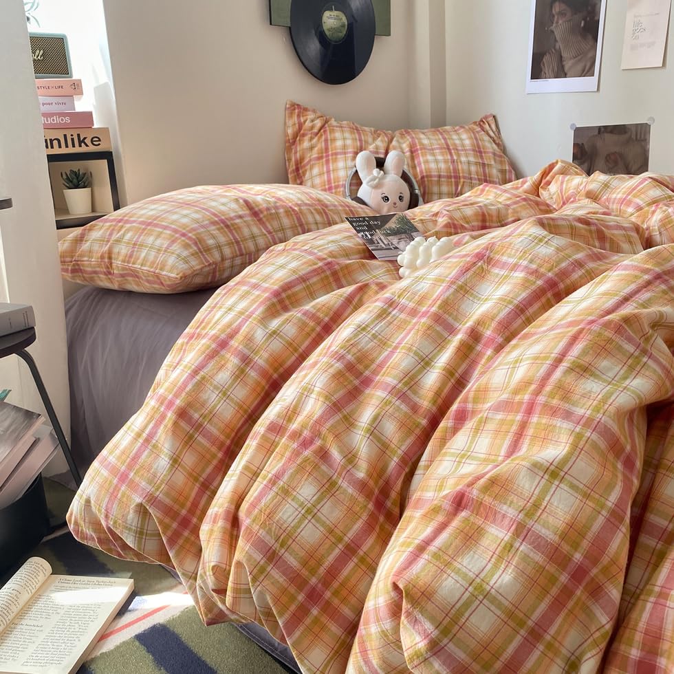 Image of EAVD Vintage Style Gingham Duvet Cover Queen Soft 100% Washed Cotton Bedding Set with Colorful Grid Checkered Reversible Plaid Bedding Set for Men Women Retro Plaid Duvet Cover with Zipper