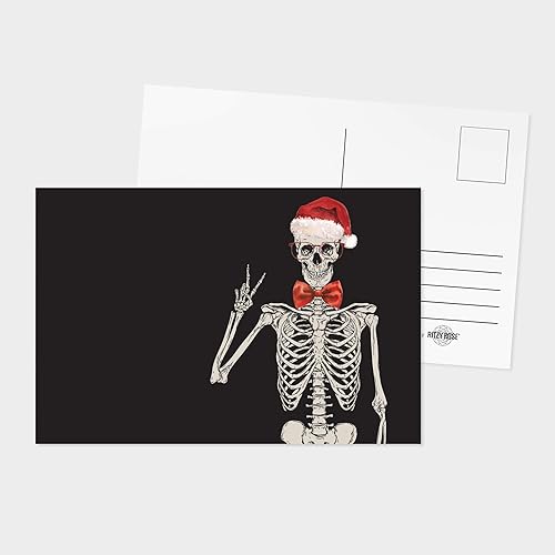 32 Skeleton Santa Postcards Set with Peace Sign and Santa Hat