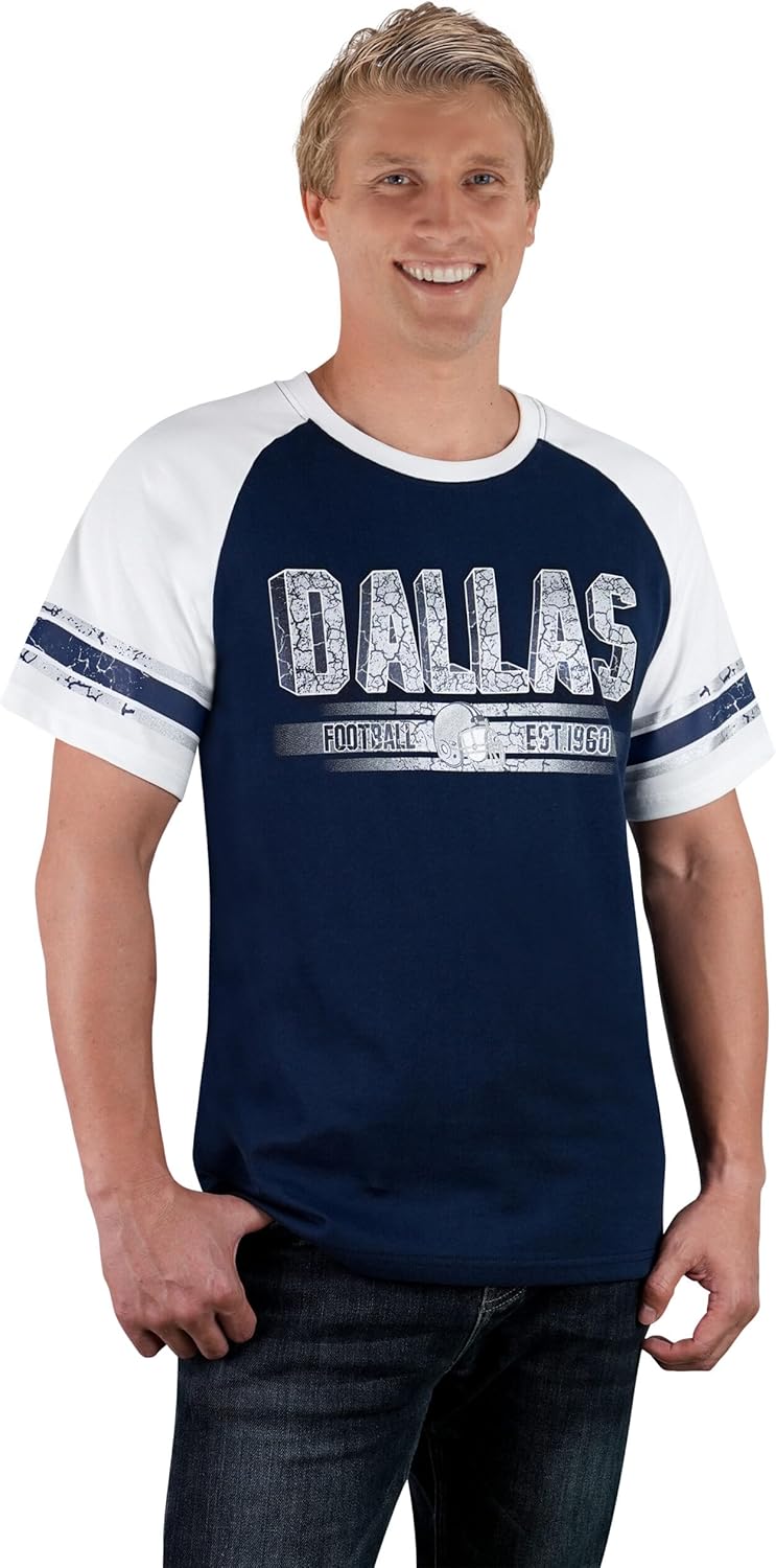 Mens City Football Fans Athletic Vintage Glittery Tee Raglan Tee T-Shirts - White & Navy - Image 2