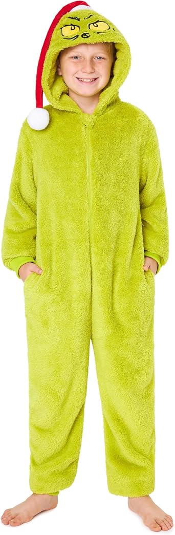 The Grinch One Piece Pajamas for Women, Fleece Jumpsuit With Santa Hat, for Kids, Teens, Adults