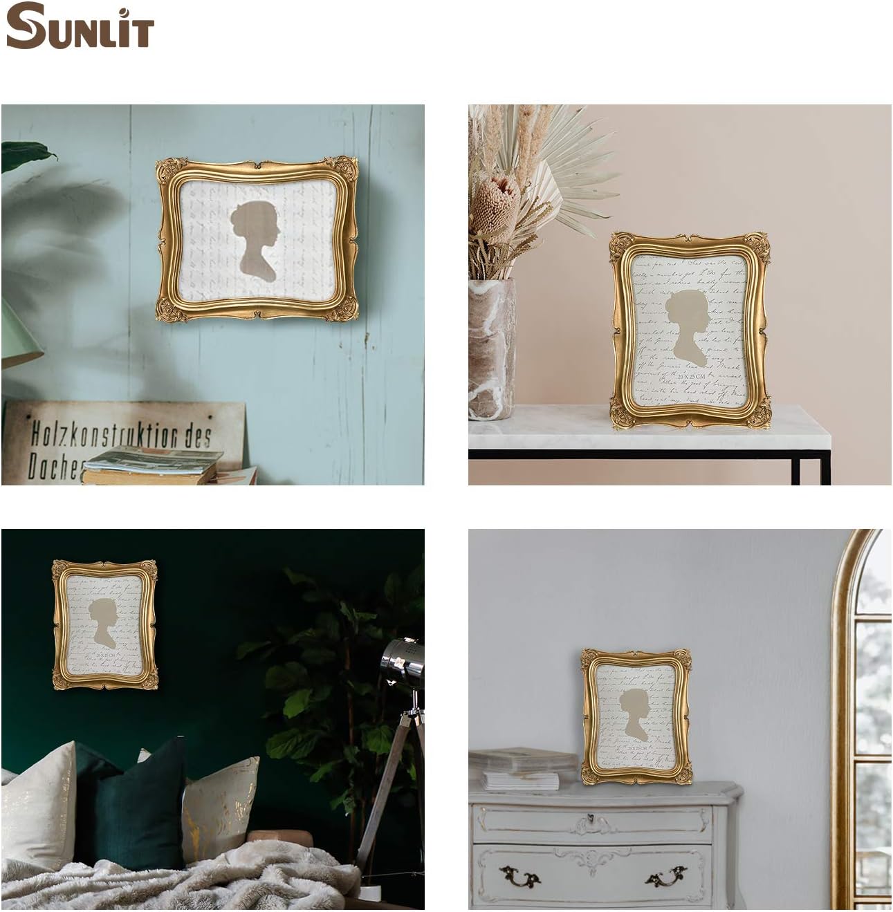 Sunlit Vintage Picture Frame 8x10 Inch, Luxury Antique Photo Frames with Glass Front, Photo Display, Tabletop Wall Hanging, Gold