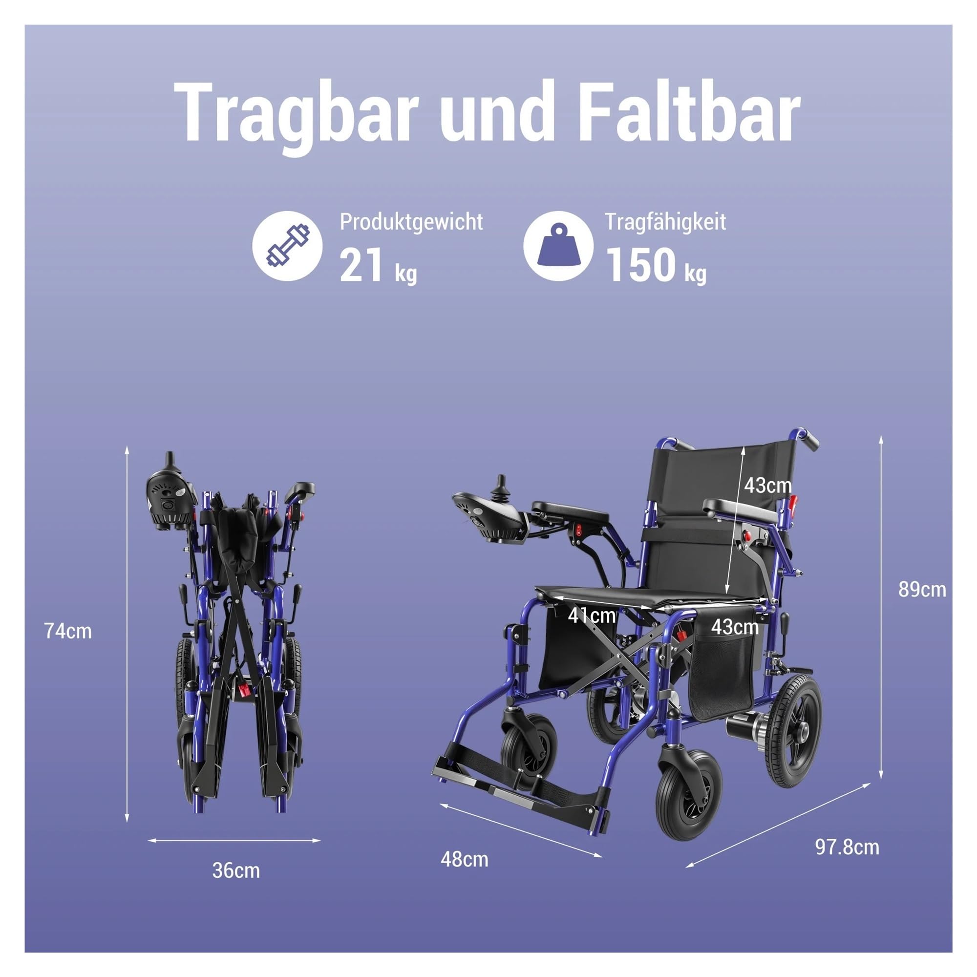 Carga Máxima Hasta 150 KG, Silla De Ruedas Eléctrica Plegable, Motor 500 W, Batería Litio 13 Ah, Alcance 24 Km, Fácil Plegar Y Transportar Movilidad Cómoda Fluida
