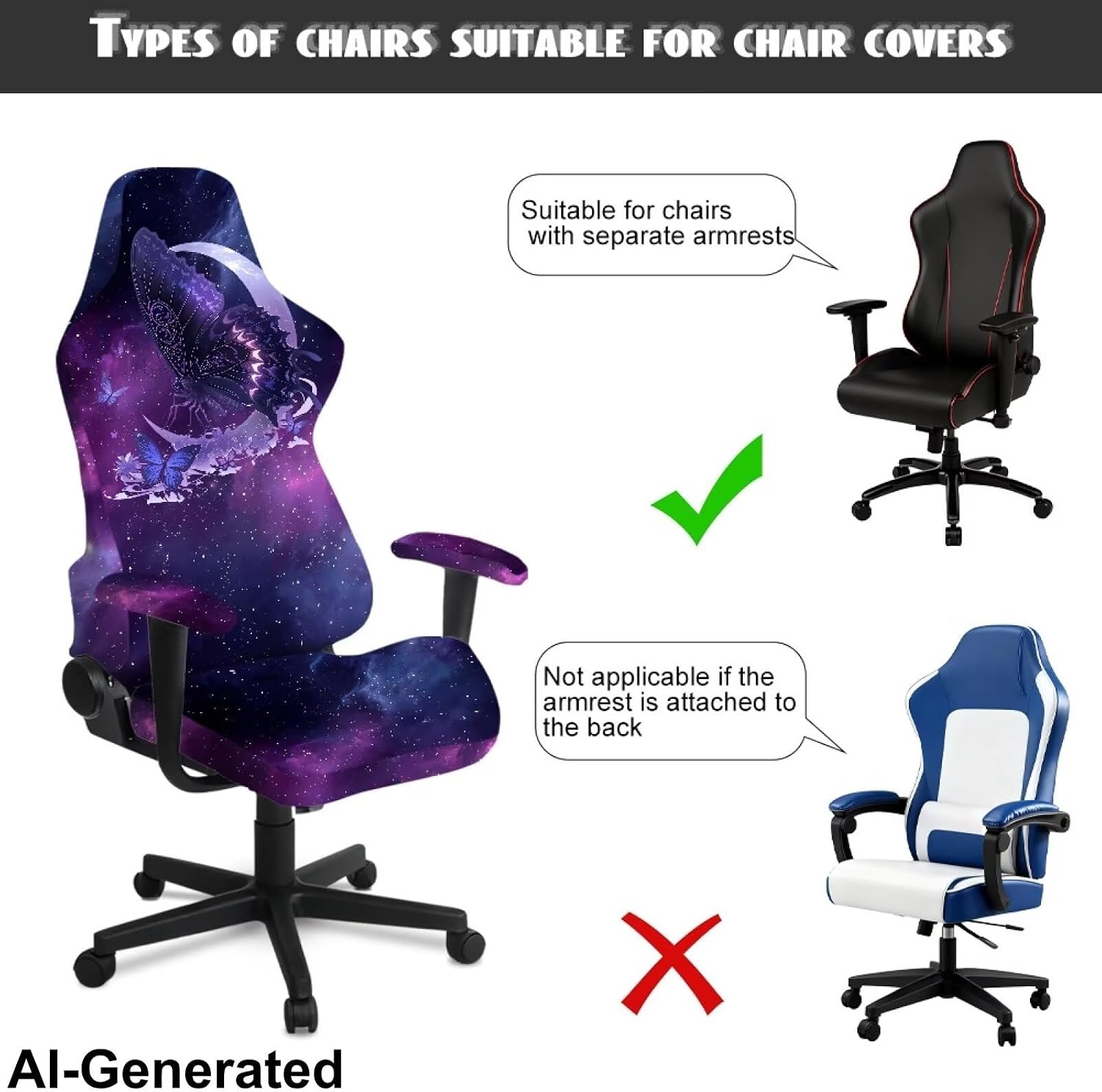 Galaxy Gaming Chair Cover with Armrest Butterfly Moon Printed Office Computer Chair Slipcovers Set of 4 Split Computer Chairs Slipcovers for Home Club Office Furniture Protector image 4