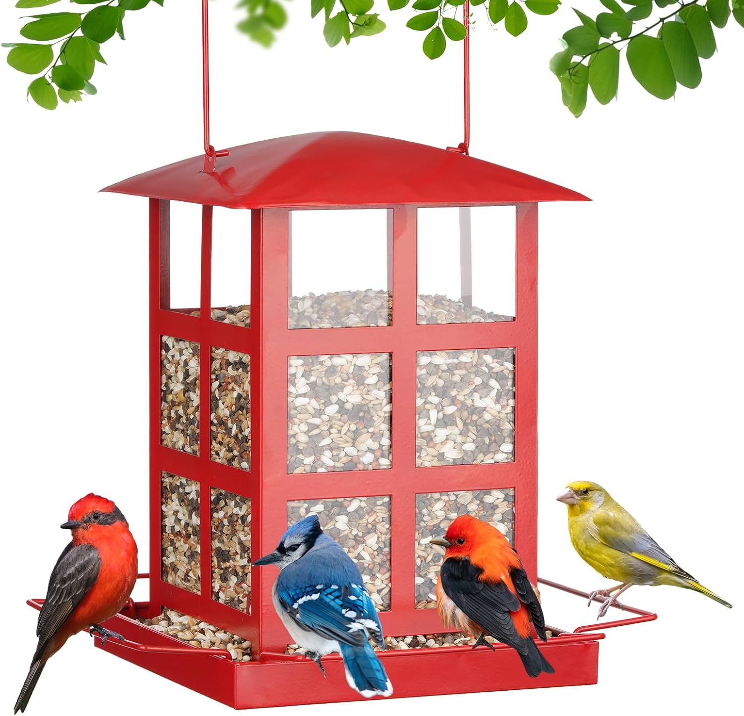 Bird Feeder, Heavy Duty Metal Bird Feeders for Outdoor Hanging, Retro Red House Wild Birdfeeder, Rainproof & Waterproof, 6 LBs Extra Large Capacity