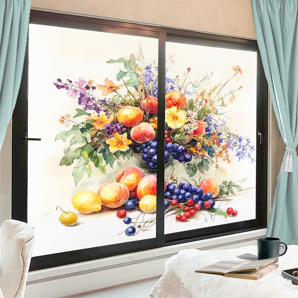 Fensterfolie, Motiv: Aquarell, Blumen, Früchte, Buntglas, Bauernhaus, Retro, Frucht, dekorative Milchglas-Sichtschutzfolie, Wärmeregulierung, statische Haftung, Fensteraufkleber, 90 x 140 cm, 2 Stück