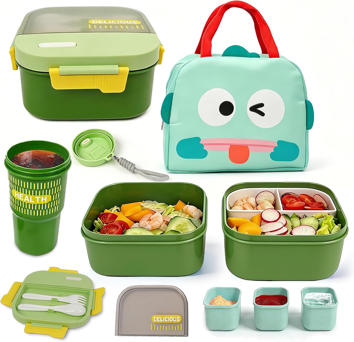 Adult Lunch Bento Box with Insulated Lunch Bag, 50oz Lunch Container with 3 Sauce Containers/20oz Bottle/Utensils, Lunchbox for Women Men, Leak-Proof/BPA-Free/Microwave/Dishwasher Safe(Green)