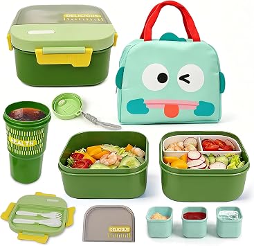 Adult Lunch Bento Box with Insulated Lunch Bag, 50oz Lunch Container with 3 Sauce Containers/20oz Bottle/Utensils, Lunchbox for Women Men, Leak-Proof/BPA-Free/Microwave/Dishwasher SafeGreen