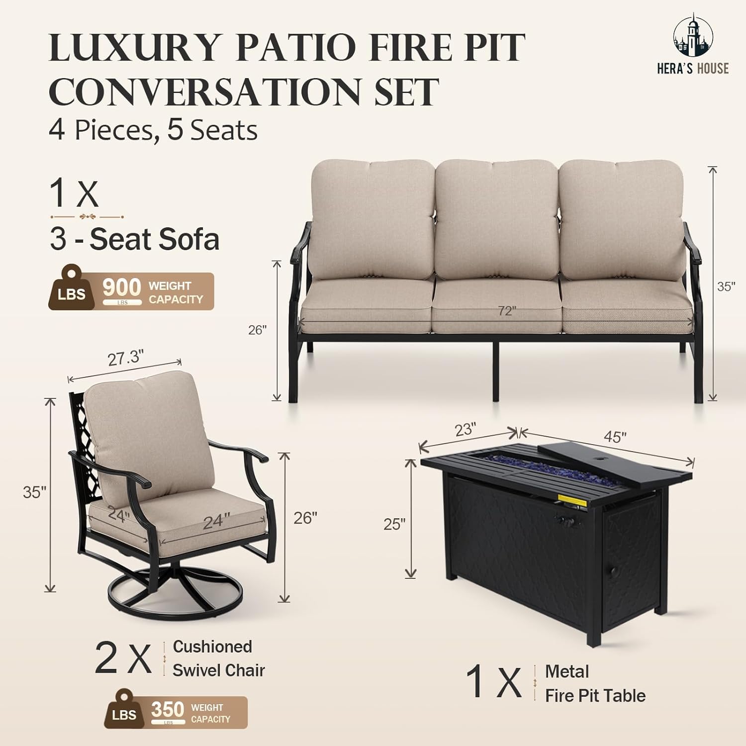 HERA'S HOUSE 4 Pieces Patio Furniture Set with Fire Pit Table, 2 x Swivel Cushioned Chair, 3-Seat Sofa with 45" Fire Pit Table, Outdoor Conversation Set for Garden, Poolside, Backyard