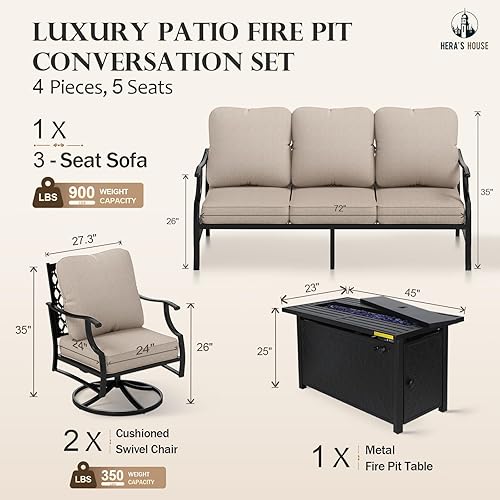Miniatura 6 de HERA'S HOUSE Juego de muebles de patio de 4 piezas con mesa para fogata, 2 sillas acolchadas giratorias, sofás de 3 asientos con mesa para fogatas