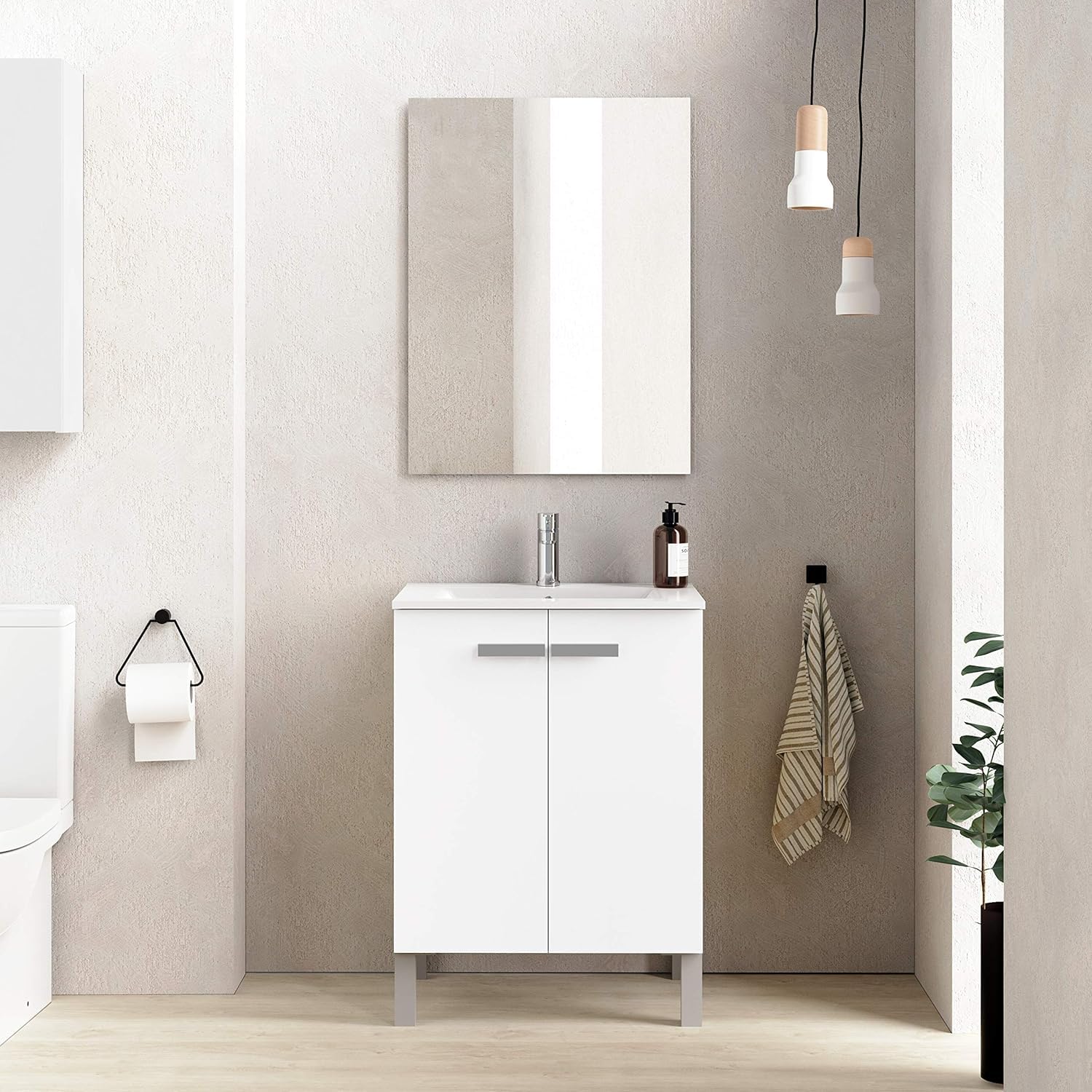 Baikal Mueble de Baño Neo, Dos Puertas, Mueble con Patas. Varios Acabados y Medidas. Melamina 16mm. Mueble MONTADO. 2 Puertas con Espejo 60 cm Blanco Mate