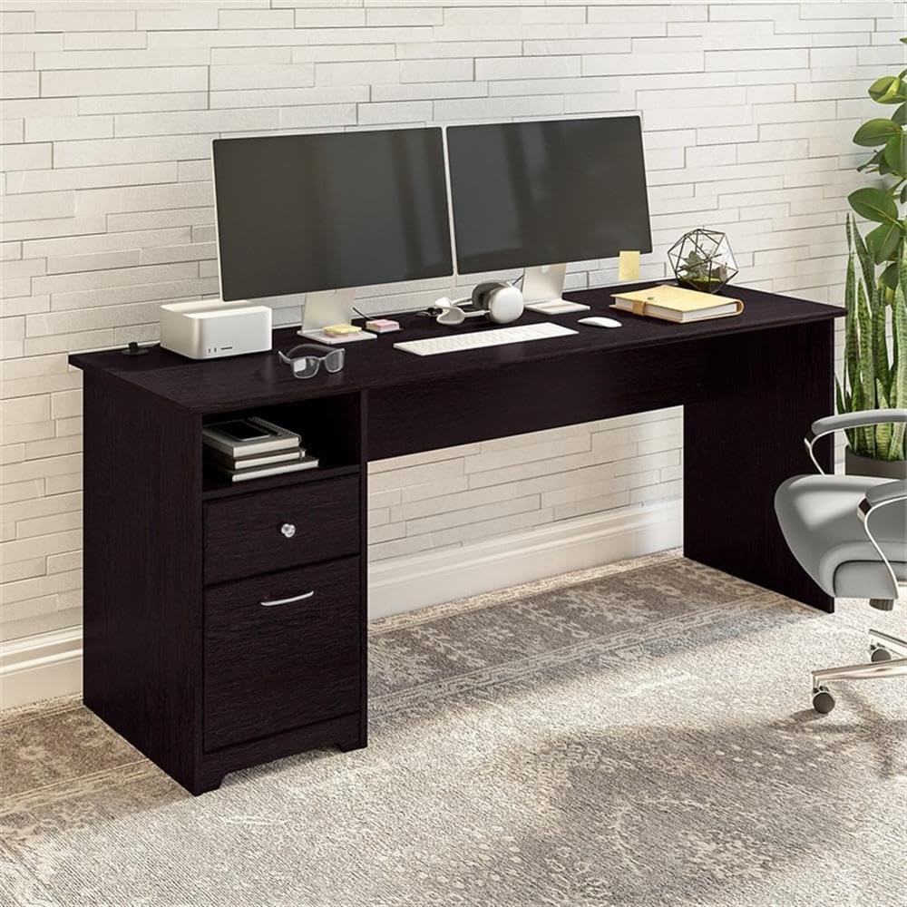Pemberly Row 72" W Computer Desk with Drawers, Espresso Oak Finish, Engineered Wood, 2 Drawers, Durable 200 lb Weight Capacity, Transitional Style Home Office Desk with Wire Management