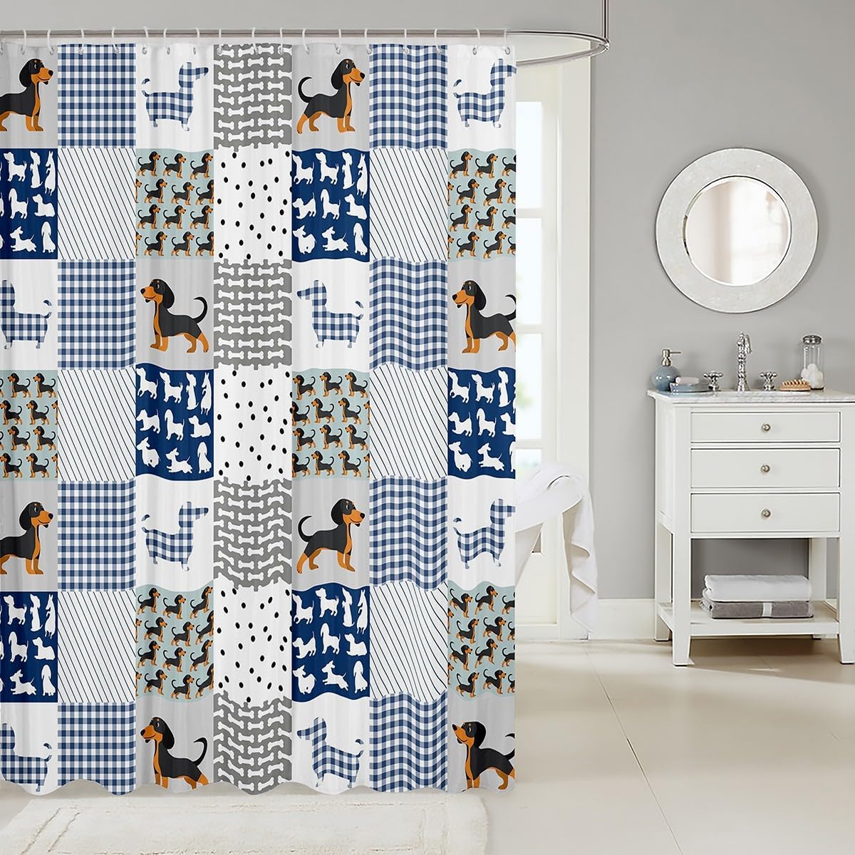 Cartoon Dachshund Bath Curtain Cute Puppy Dog Shower Curtain Geometric Plaid Sausage Dog Bathroom Shower Curtain Set for Boys Girls Children Teens Dog Animal Blue Kids Bathroom Accessories 72"x78"