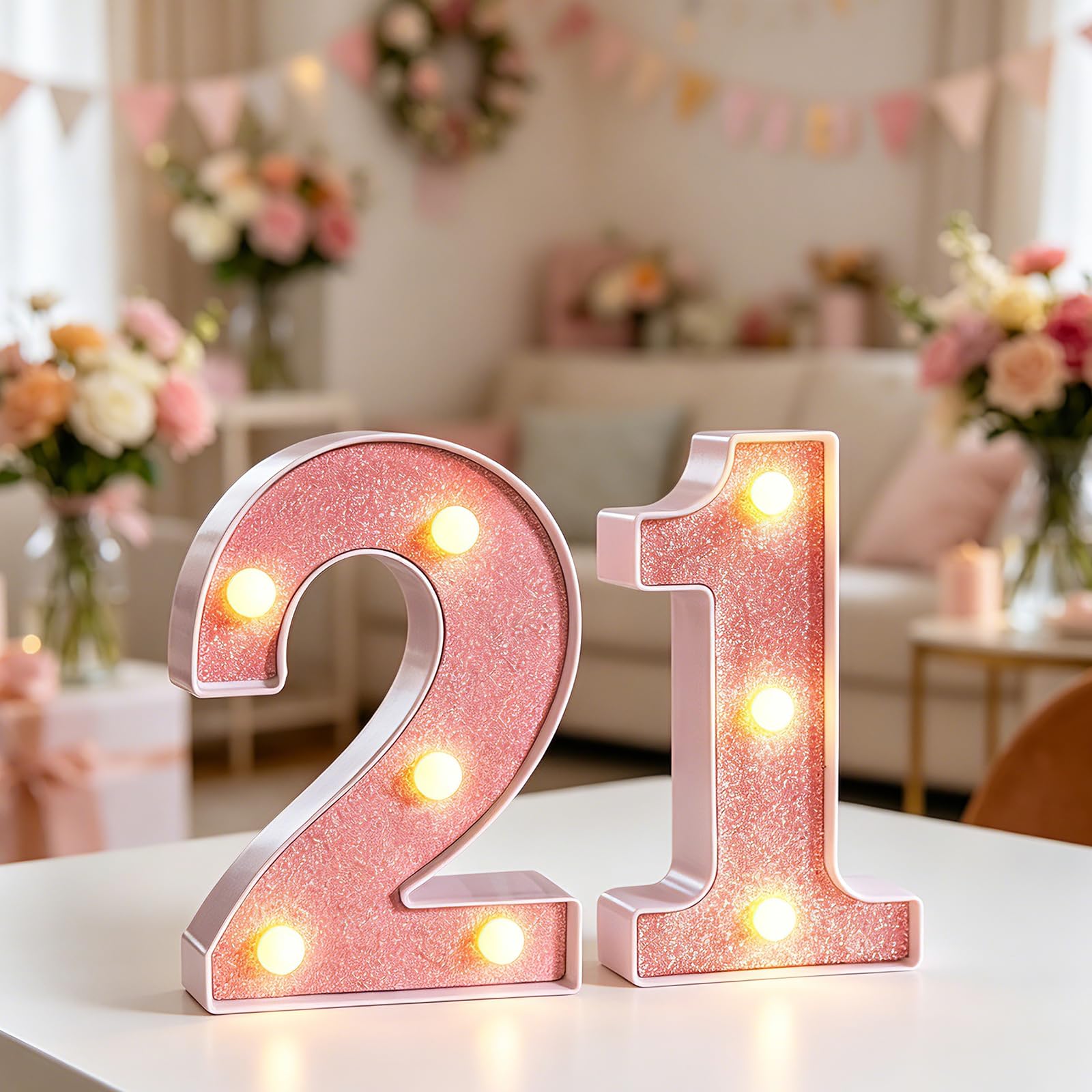 LED Light Up Numbers, 21 Marquee Numbers Light Sign, 6.3 inch Pink LED Number Lights for 21th Birthday Decorations, Warm Lighted Number Sign for Birthday Wedding Anniversary Home Wall Decor