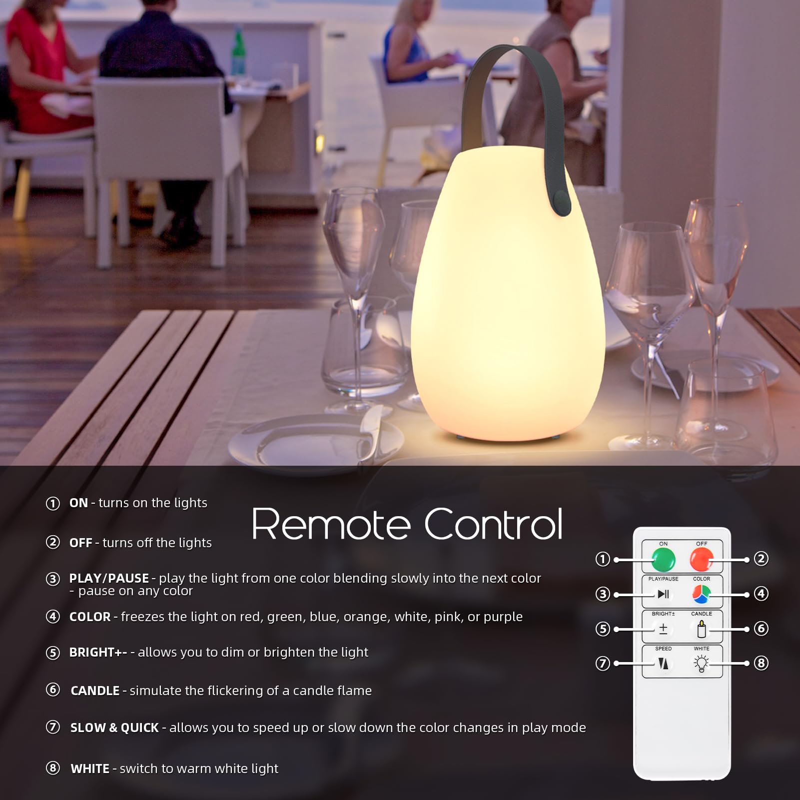 NiceBuy Lampada Da Tavolo Senza Fili LED Dimmerabile RGB Portatile Lampade Da Tavolo Ricaricabili USB Con Telecomando IP44 Per Esterno Interno Ristorante Giardino Hotel (D)