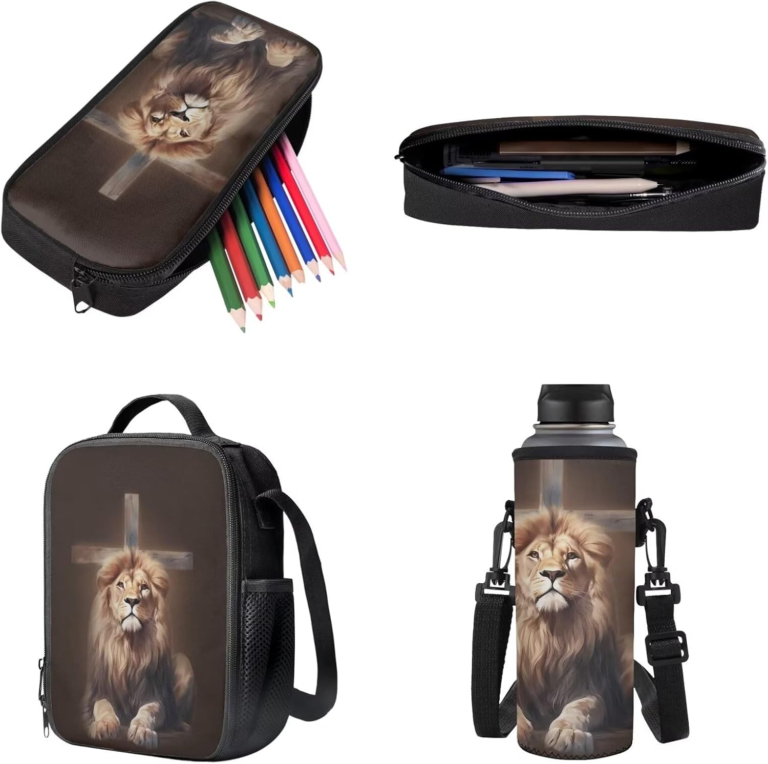 Talayituse Lion Cross Print 4 Pieces Backpack Sets Primary Schoolbag Travel Daypack Shoulder Bag Rucksack Knapsack Bookbag with Lunch Bag/Pencil Case/Water Bottle Sleeve for Boys Girls