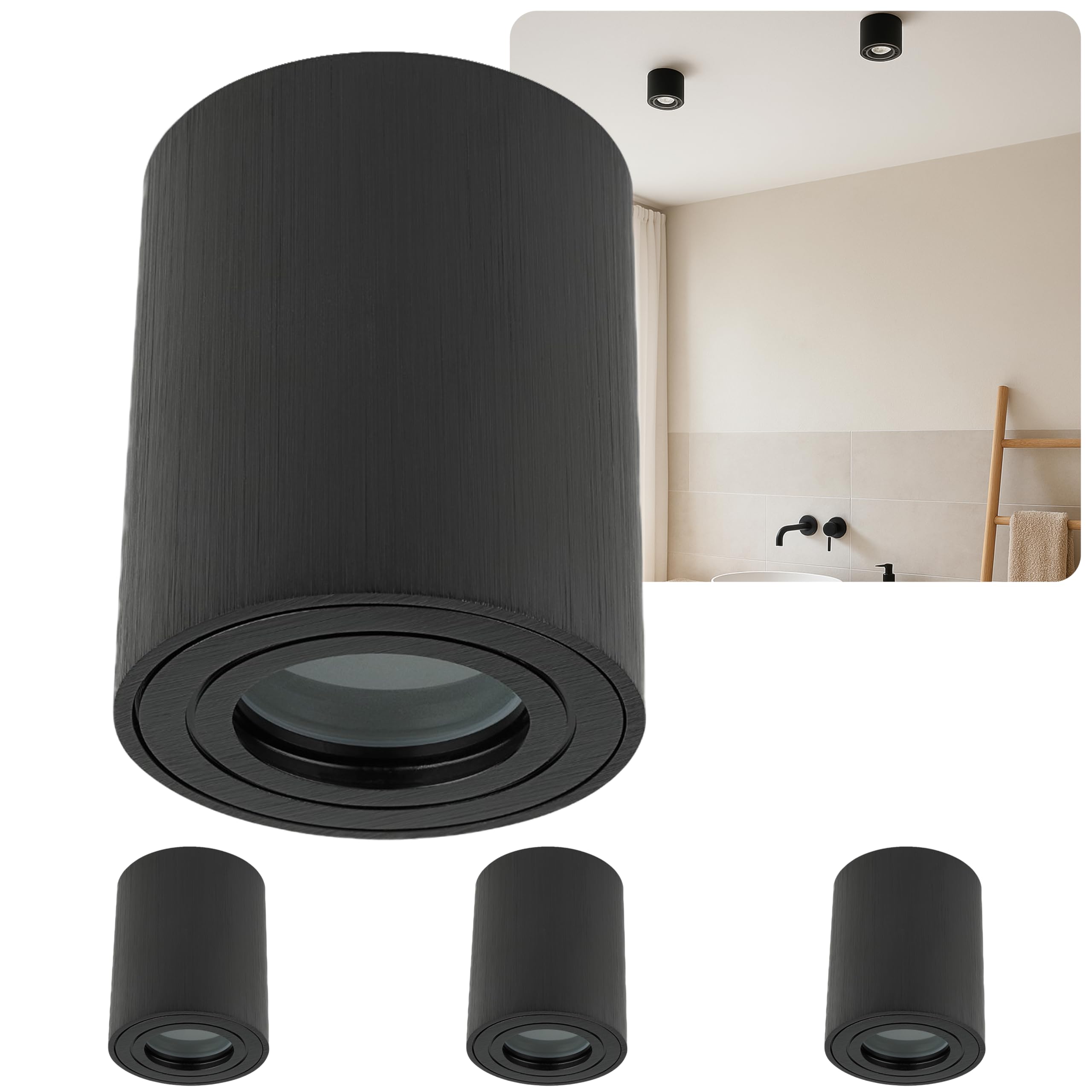 Sweet Led 4 Stück Aufbaustrahler Bad IP44 Aluminium GU10 Deckenspot 95mm Feuchtraum Badezimmer Nassbereich Aufbauleuchte 230V Aufbauspot – schwarz gebürstet, rund