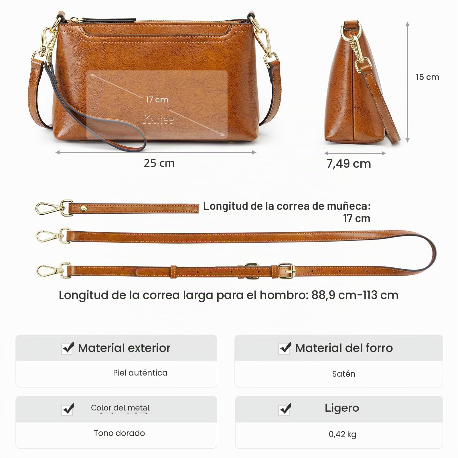 Kattee Bolsos cruzados de cuero para mujer, modernos, pequeños bolsos de hombro y bolsos de mano, cartera de mano con 2 correas