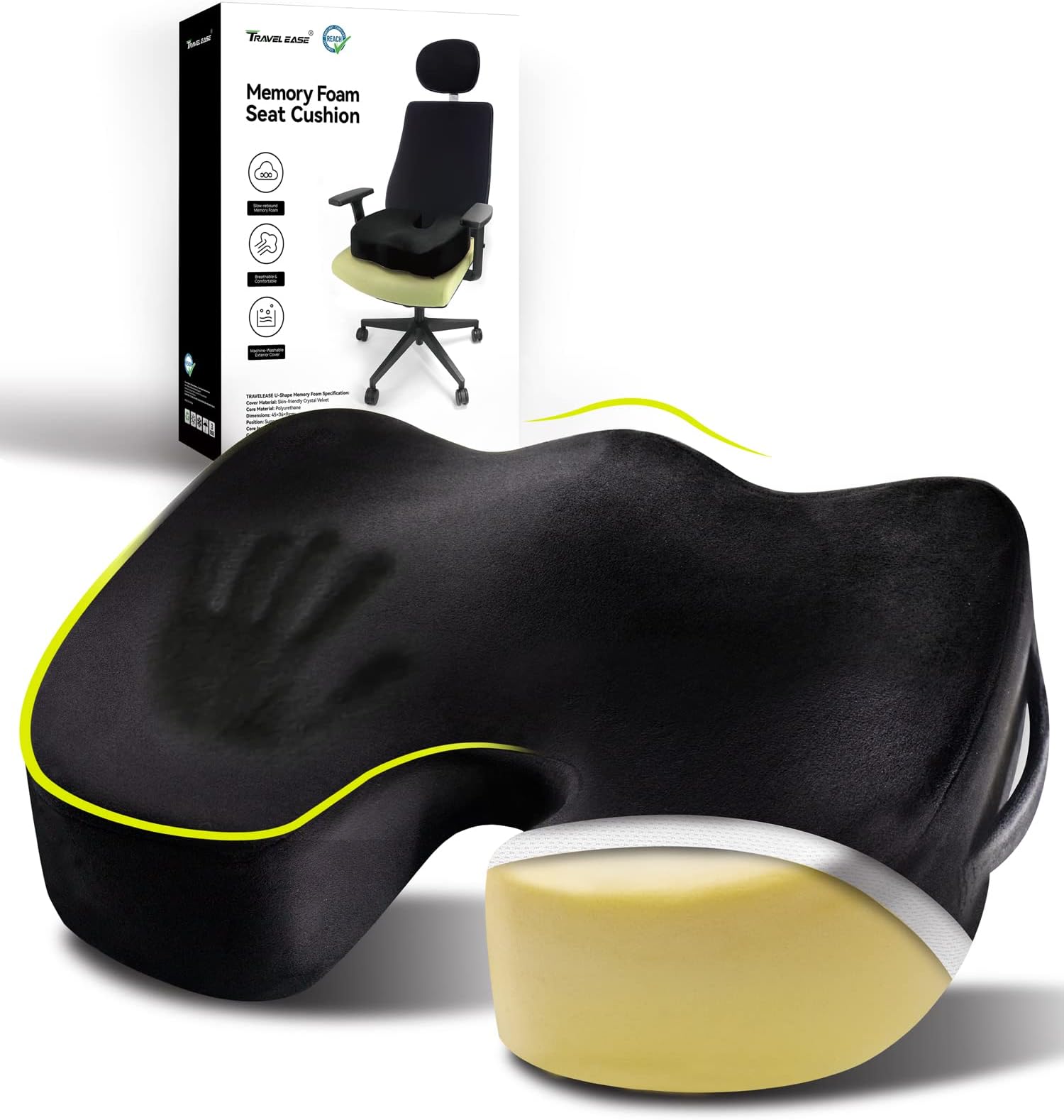 Travel Ease Thickened Coccyx Orthopedic Seat Cushion, Memory Foam Ergonomic Seat Cushion for Bigger Size People, Fit for Office Chair, Car Seat, Wheelchair (Black)