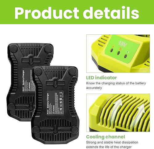 Miniatura 4 de ARyee Paquete de 2 baterías de 18 V con cargador, 6000 mAh de repuesto para Ryobi P107 P108 P109, batería de iones de litio para herramientas