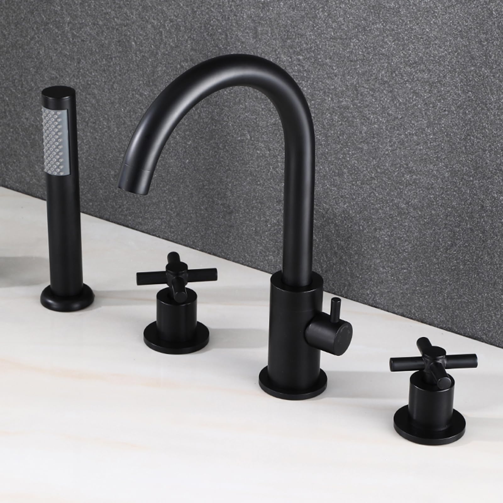 SnamicE 4 Hole Bath Shower Mixer Tap 360 Degree Rotating Spout Bath Tub Mixer Tap Black with Shower Single Lever,Black