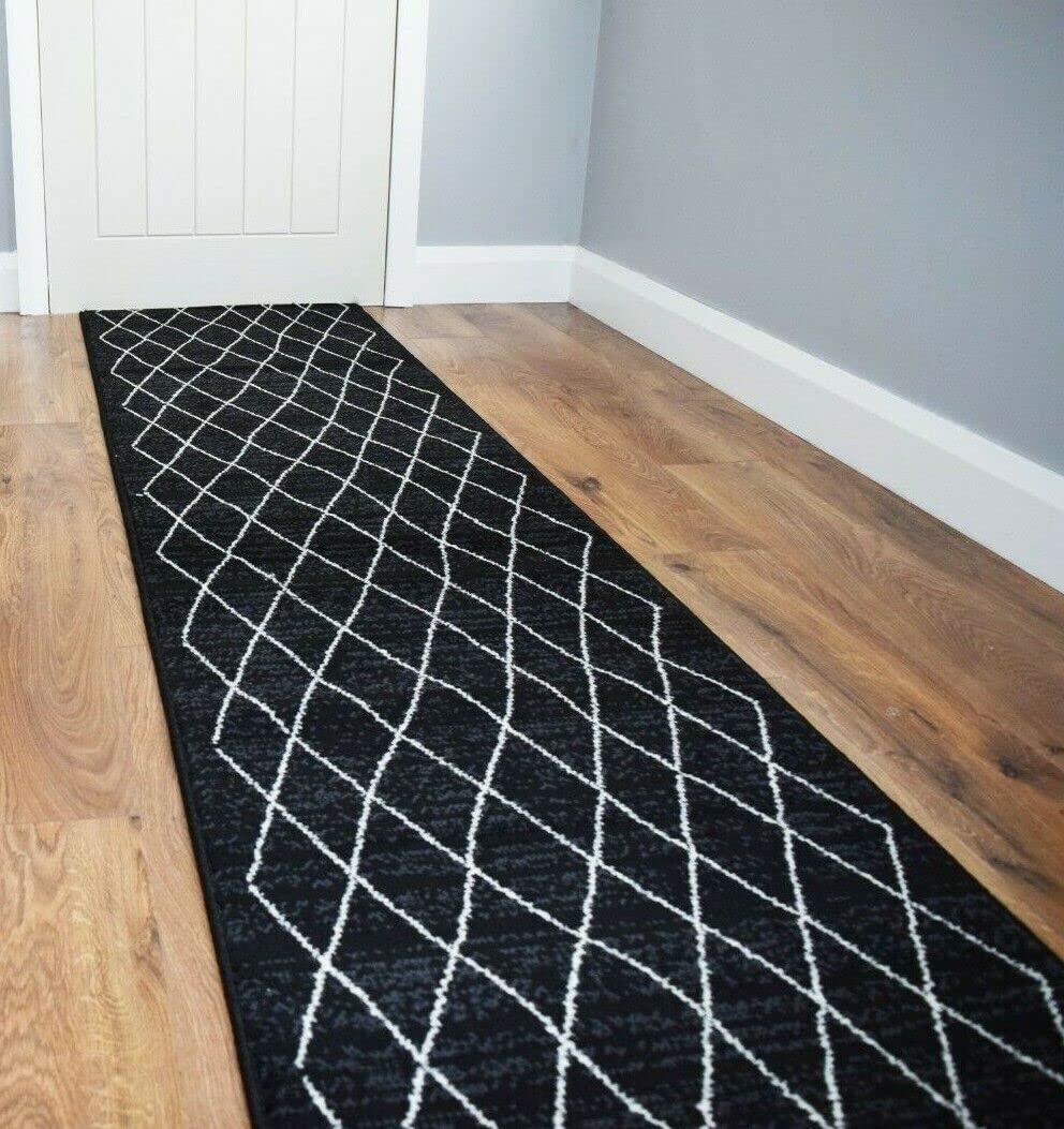 SrS Rugs® Luna Collection, Modern Long Carpet Runner Rug for Entrance Hall and Stairs. Smooth Soft 8mm Depth Pile. 70cm Wide. Any length (Diamond Black, Length: 20' (610cm)) — image 1