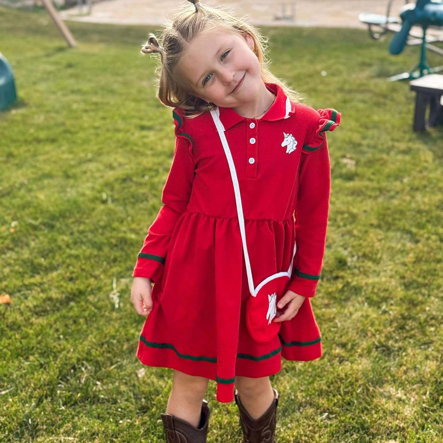 Girls Long Sleeve Polo Dress Toddler School Uniform Causal Dresses with Shoulder Bag 3-8Y - Image 4