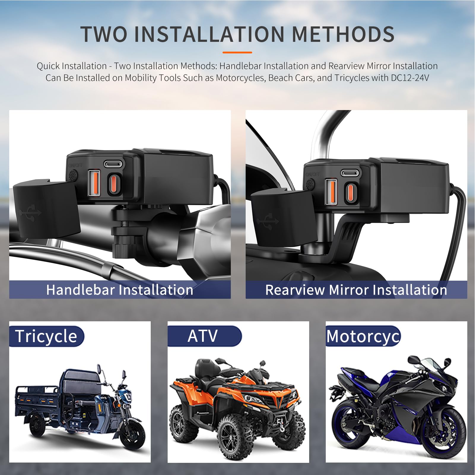 Motocyklowy Port Ładowania USB Adapter 12V-24V Wysuwany Wodoodporny Type-C