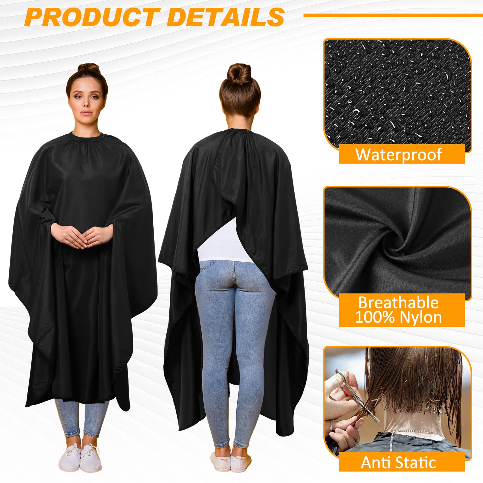 Professioneller Haarschneideumhang mit Armausschnitten, 162,6 x 142,2 cm, schwarz und verstellbarer Schnappverschluss, Nylon, chemisch, wasserdichtes Tuch für Friseure, Färben, Haarschnitte, Klienten