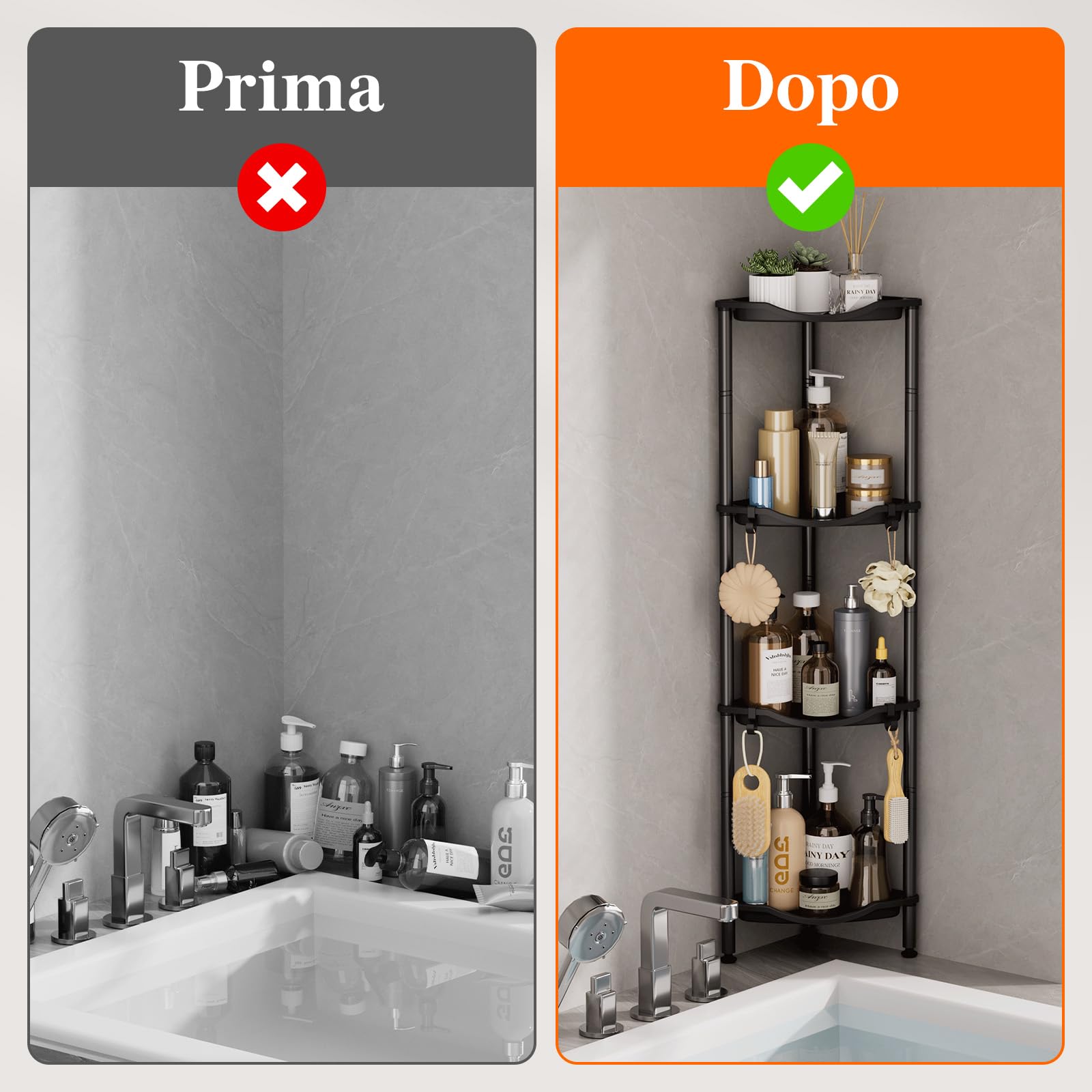 Mensola Doccia a 4 Livelli senza Foratura, Organizzatore Angolo per Bagno in Plastica, Nero 34cm