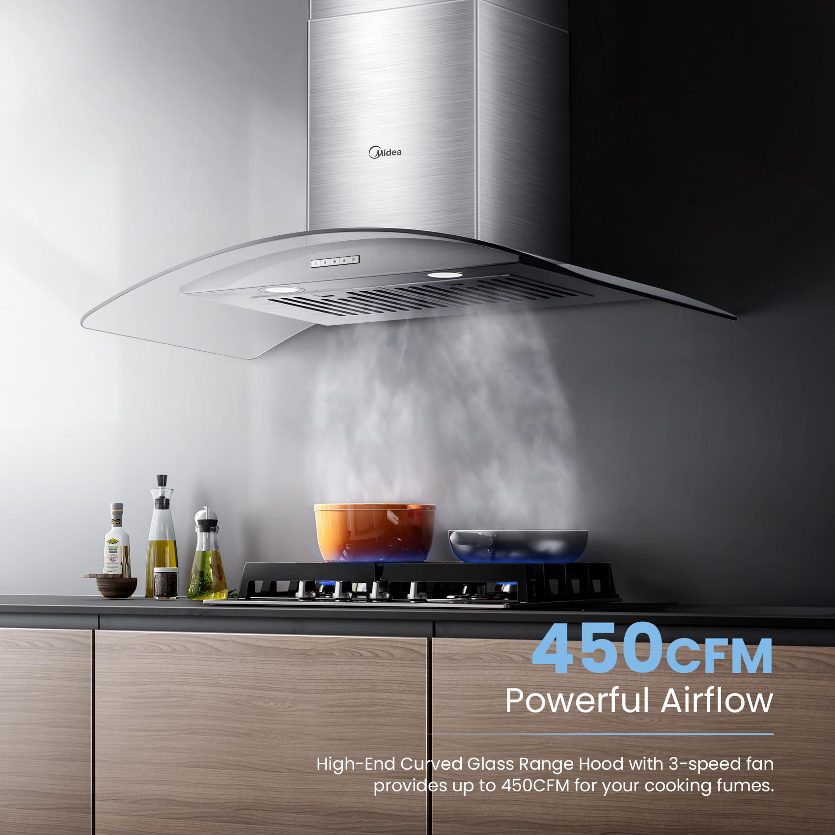 Midea MVG30W8AST Campana extractora de vidrio curvada, acero inoxidable