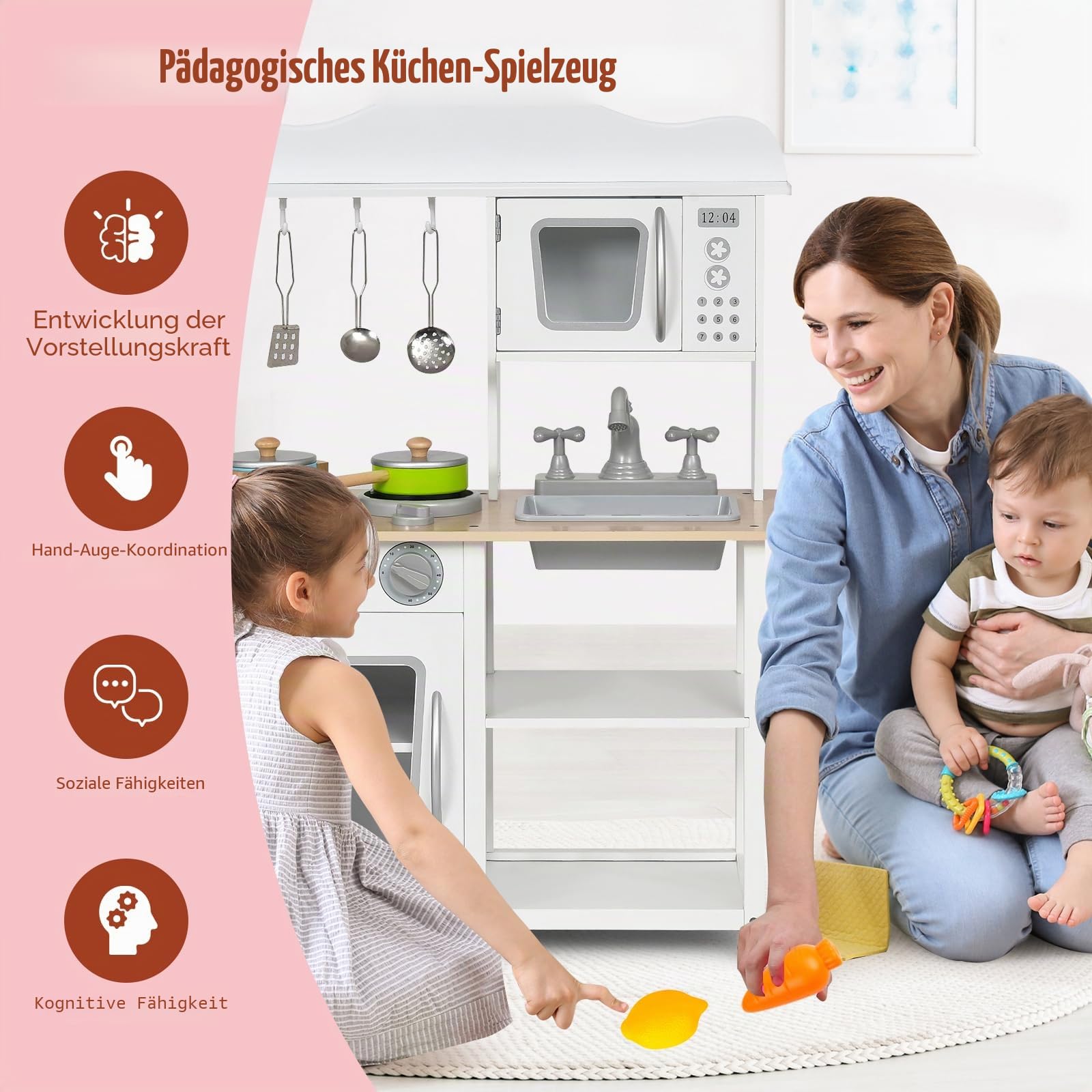 HOMASIS Kinderküche Holz, Kinder Spielküche mit Zubehör, Spielzeugküche mit Spüle Herd Backofen Mikrowelle, Holzküche Küchenspielset Miniküche für Kinder ab 3 Jahre, Weiß, 60x30x83 cm