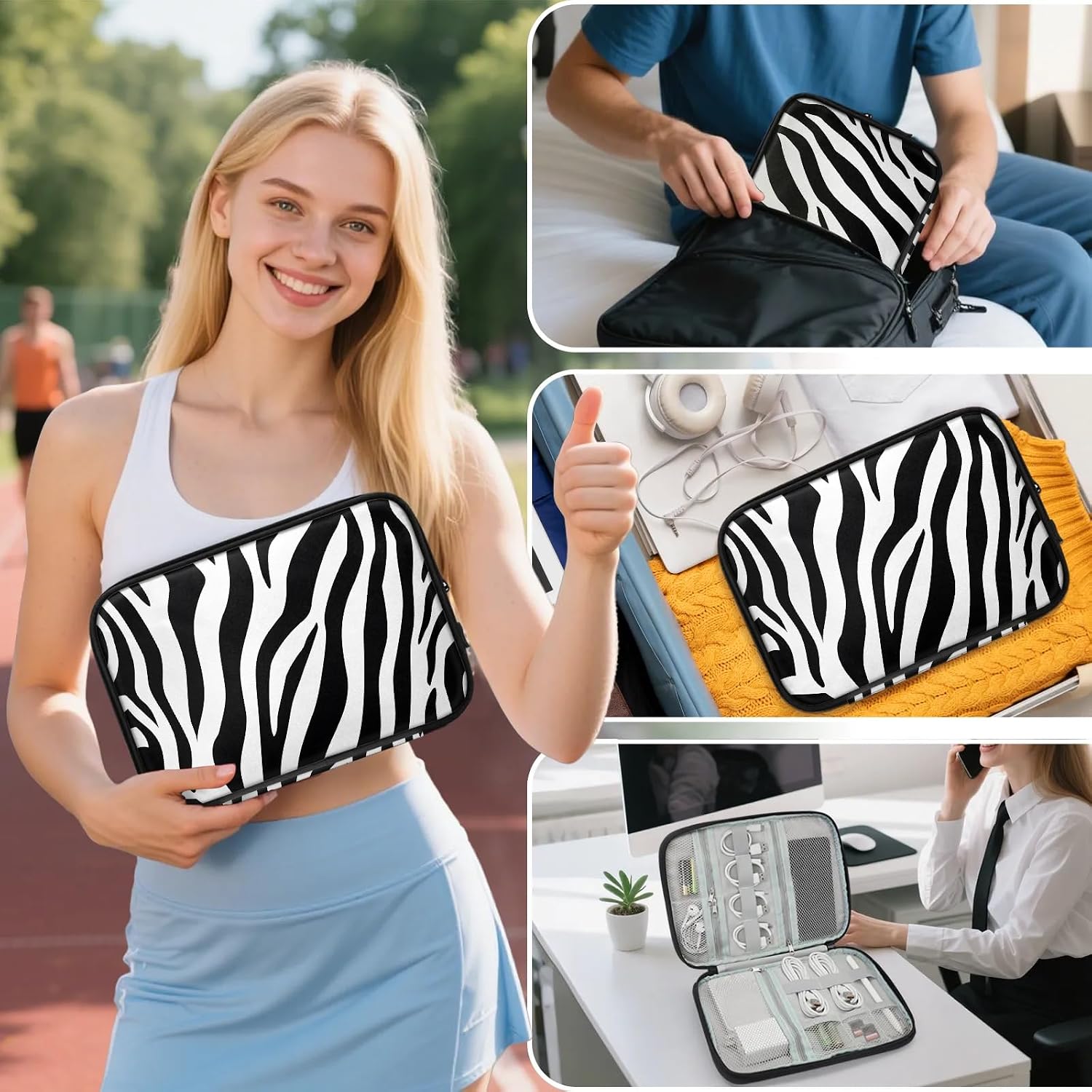 Zebra Print Electronics Travel Organizer Case, Tech Accessories Cable Storage Bag for Cords, Charger, Phone, Hard Drive