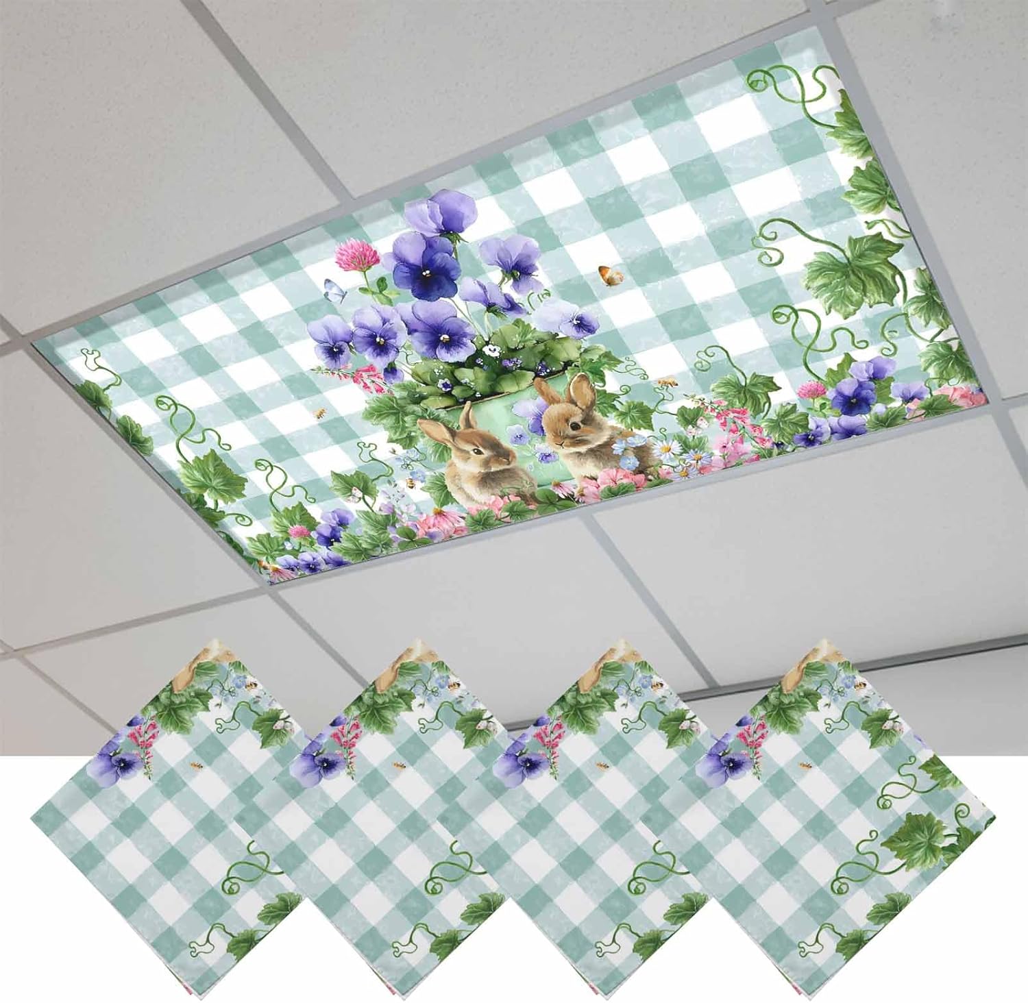 2x4 ft Fluorescent Light Cover for Ceiling Spring Easter Bunnies Magnetic Light Filters, Country Flowers Blue Plaid Ceiling Lampshades for Home School Office 4Pcs