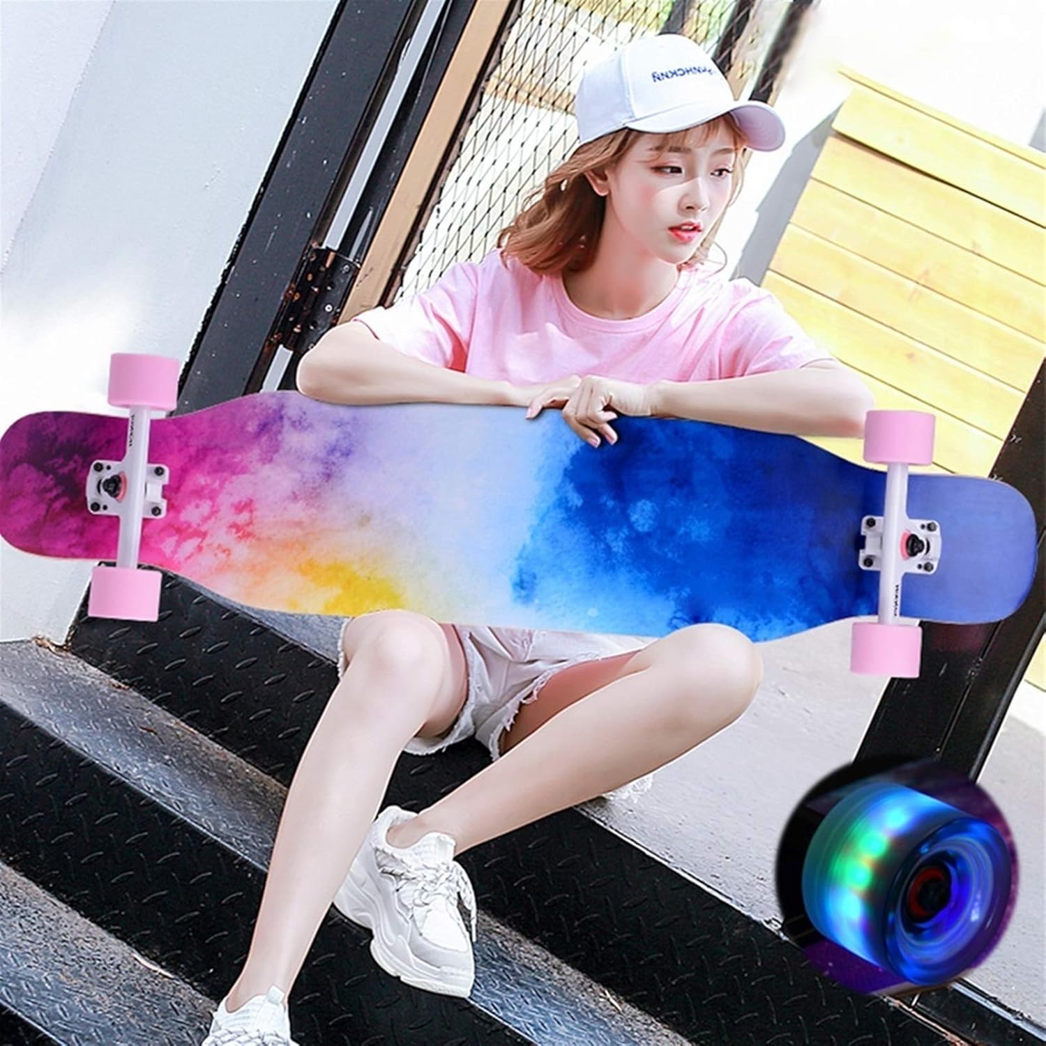 Longboard 43 Inches LED Skateboard Drop Through Boys Girls Long Boards Skate Boards Games for Kids Adults, Beginners, Teens Pro Skateboards 7 Layer Maple Wood Deck Cruiser (Color : Style C)