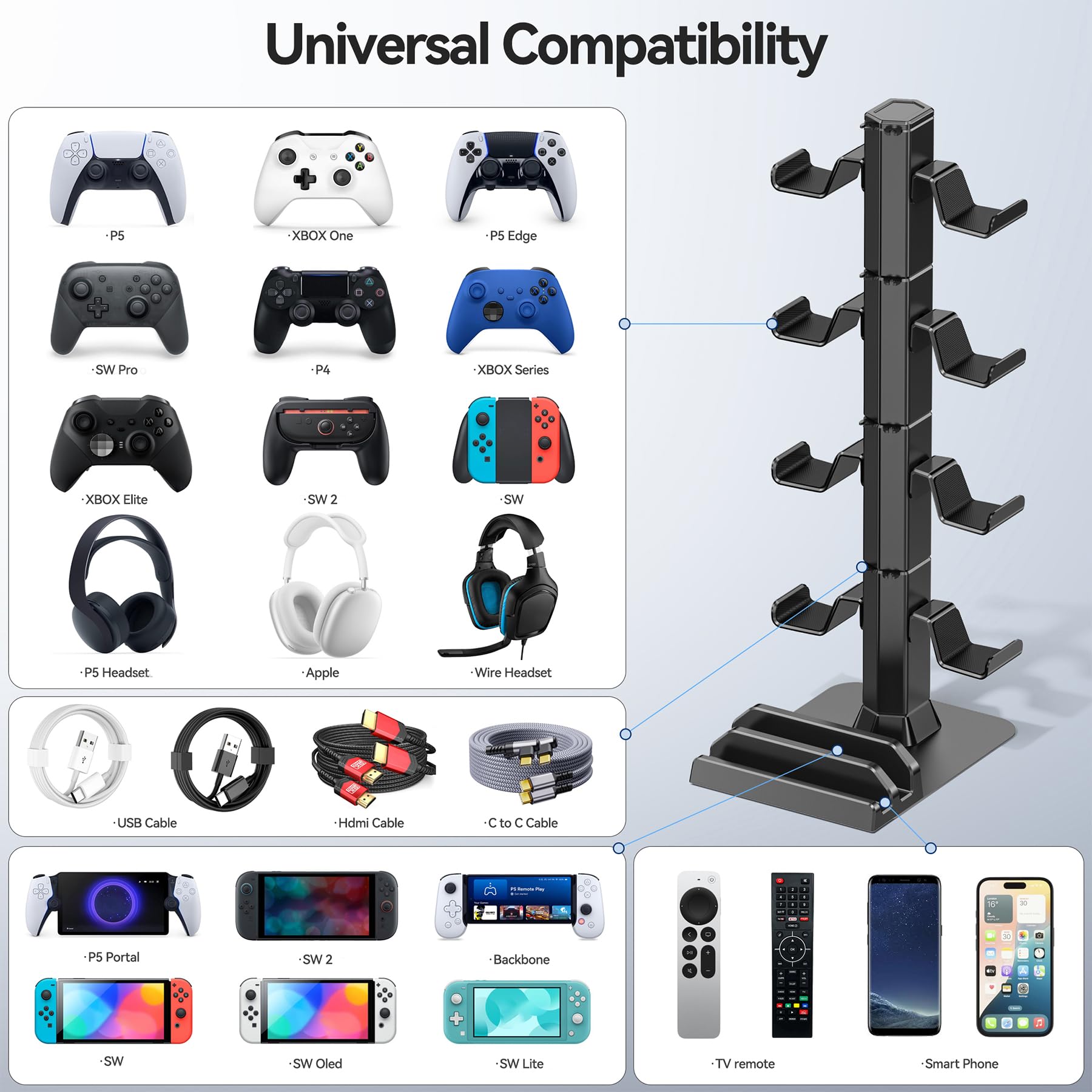 Supporto per Cuffie e Controller, 4 Gancio Rimovibile Porta Controller PS5 con Organizer per Cavi, Scatola Portaoggetti Accessori Gaming per PS5/Xbox/Switch, Porta Cuffie da Scrivania Accessori PS5