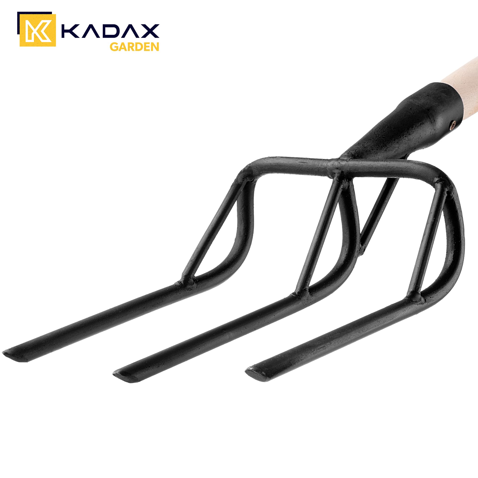 KADAX Fourche bêche avec tête en acier renforcé, 3 dents et poignée ergonomique en T, fourche de jardin pour ameublir et creuser les sols durs (avec manche)