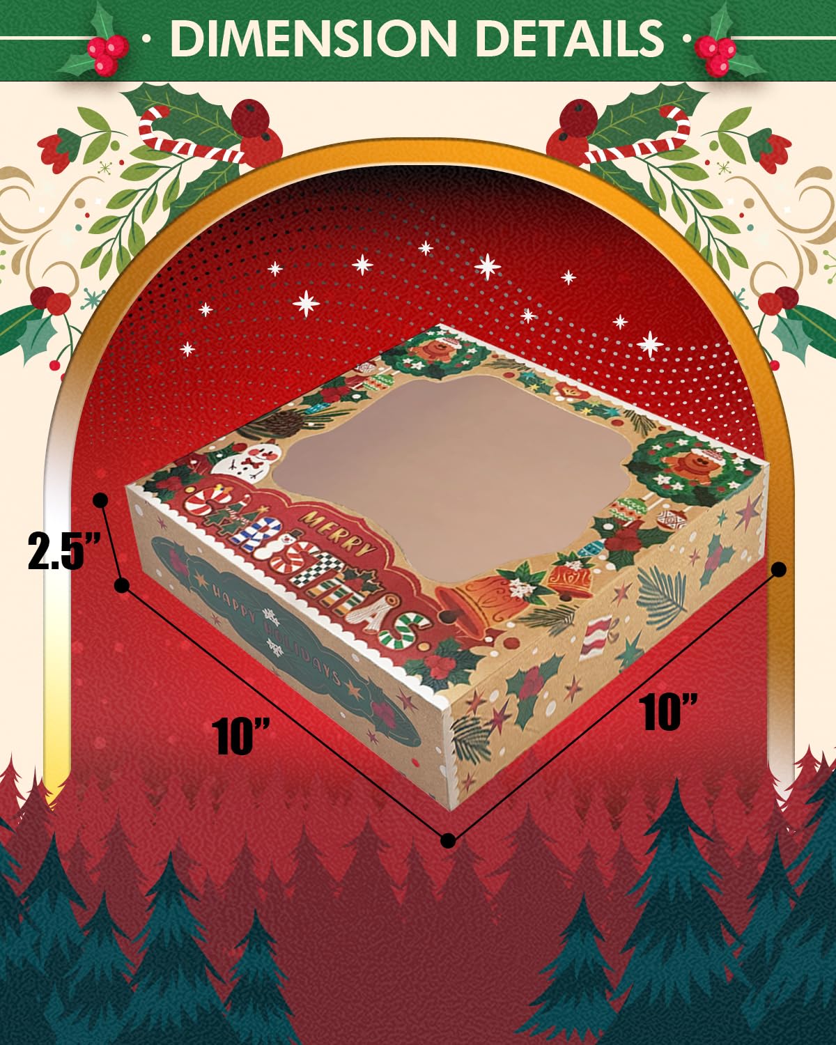 qiqee Christmas Kraft Pie Boxes with Window 10x10x2.5 inch 30Packs Cookie Donut Bakery Box
